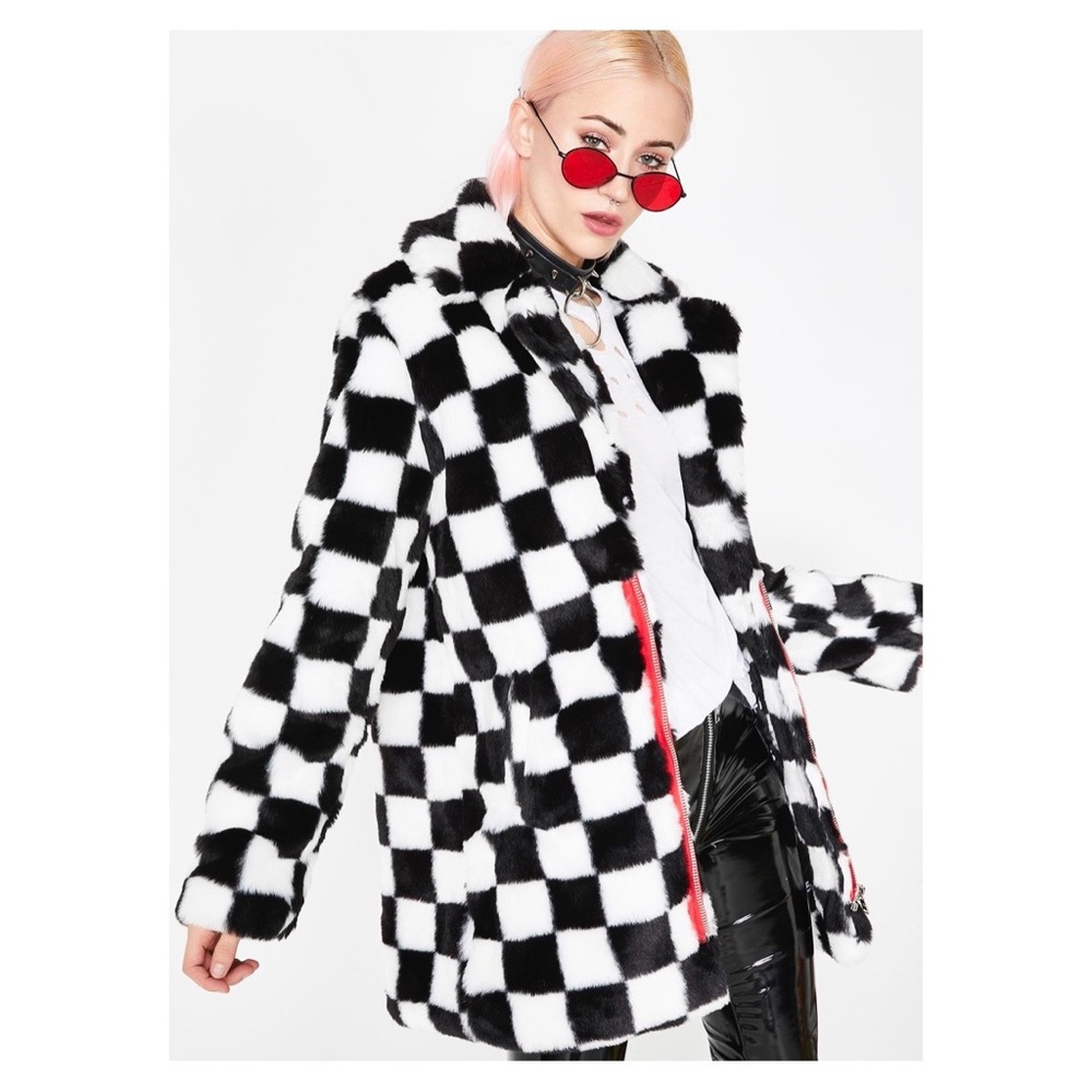 Current Mood Faux Fur Checkered Coat